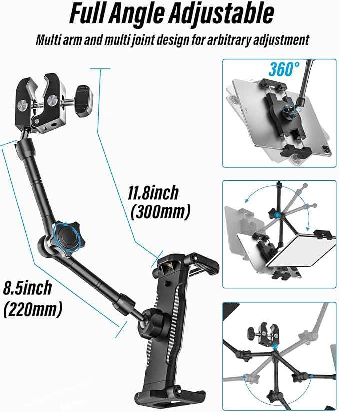 woleyi Car Rearview Mirror Tablet Holder Clip - [Metal Arm] Rear View Mirror Tablet Mount for Car Accessories with 360 Rotatable and Retractable for iPad Pro 13 Air Mini, Galaxy, Fire, 6-15.6" Devices
