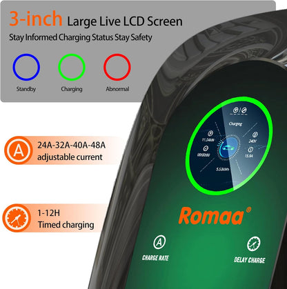Level 2 EV Charger, 48 Amp 240V Hardwired Fast Charging, Smart WiFi Control, Adjustable Current, Delay Timer, 25ft Cable, J1772 Charger, EV Chargers for Home Level 2, LCD Display, Black