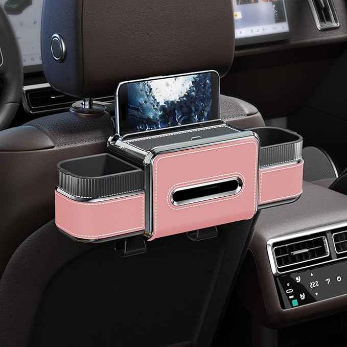 Multifunctional Car Seat Back Organizer Box with Drink Cup Holder, Makeup Mirror, Tissue Box& Hooks for Car Seat Back, New Upgrade Car Headrest Backseat Organizer Suitability for Wife, Girlfriend