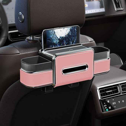Multifunctional Car Seat Back Organizer Box with Drink Cup Holder, Makeup Mirror, Tissue Box& Hooks for Car Seat Back, New Upgrade Car Headrest Backseat Organizer Suitability for Wife, Girlfriend