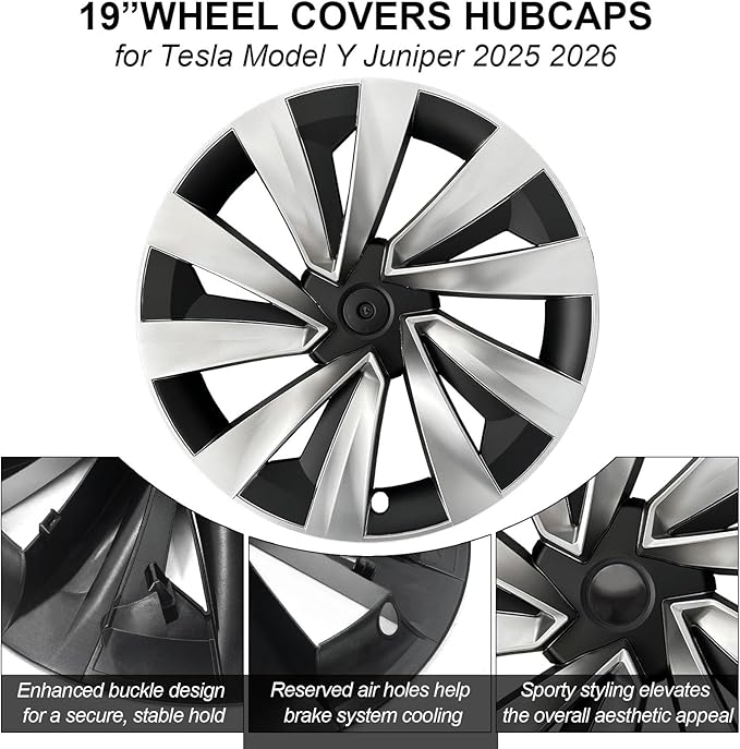 19 Inch Wheel Covers for Tesla Model Y Juniper 2025 2026, 4PCS Spiral Hubcaps Wheel Rim Protectors with Center Caps for Model Y Juniper Accessories, Seamless Fit, Sporty Style, Silver & Black
