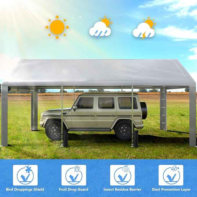 Carport 13x21 FT Enclosed Carport with Roll-up Windows, Portable Garage with Removable Sidewalls & Doors, Car Canopy Tent with Sandbags All-Season Tarp for Car Boat Truck Motorcycle