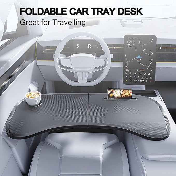 Foldable Car Tray for Tesla Model Y 3, Car Desk Steering Wheel Tray, Foldable Car Table Tray, Foldable Desk Food Tray for Eating and Traveling