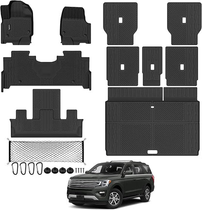 Tongama-Floor Mats for 2025 2026 Ford Expedition Max 7 Seats with 2nd Row Bucket Seats, All Weather TPE Trunk Mat and 2nd & 3rd Backrest Mats Protectors and Cargo Net for Ford Expedition Accessories