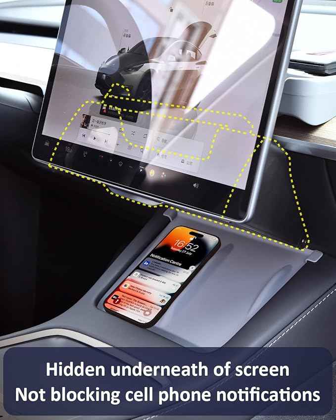 Hidden Under Screen Storage for Tesla Model Y 2020-2026 Juniper Interior Accessories, Model 3 Highland Center Console Organizer with Push-Latch & Dampers, Smooth Opening, Rattle-Free, 2 Black Mats