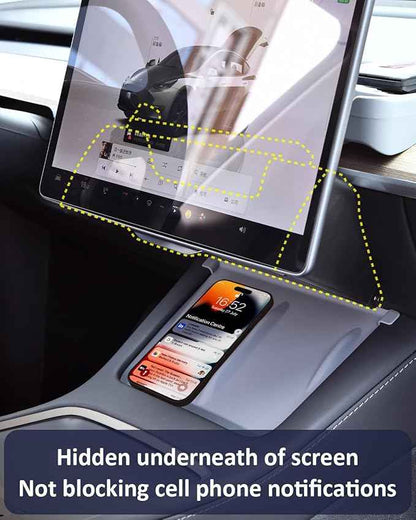 Hidden Under Screen Storage for Tesla Model Y 2020-2026 Juniper Interior Accessories, Model 3 Highland Center Console Organizer with Push-Latch & Dampers, Smooth Opening, Rattle-Free, 2 Black Mats