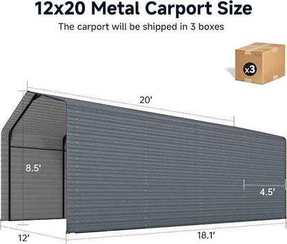 12x20FT Heavy Duty Metal Carport,Outdoor Garage with Metal Side Panels, Enclosed Car Ports with Heavy Duty Steel Frame and Galvanized Roof for Cars and Boats, Equipment Storage,Tools, Gray