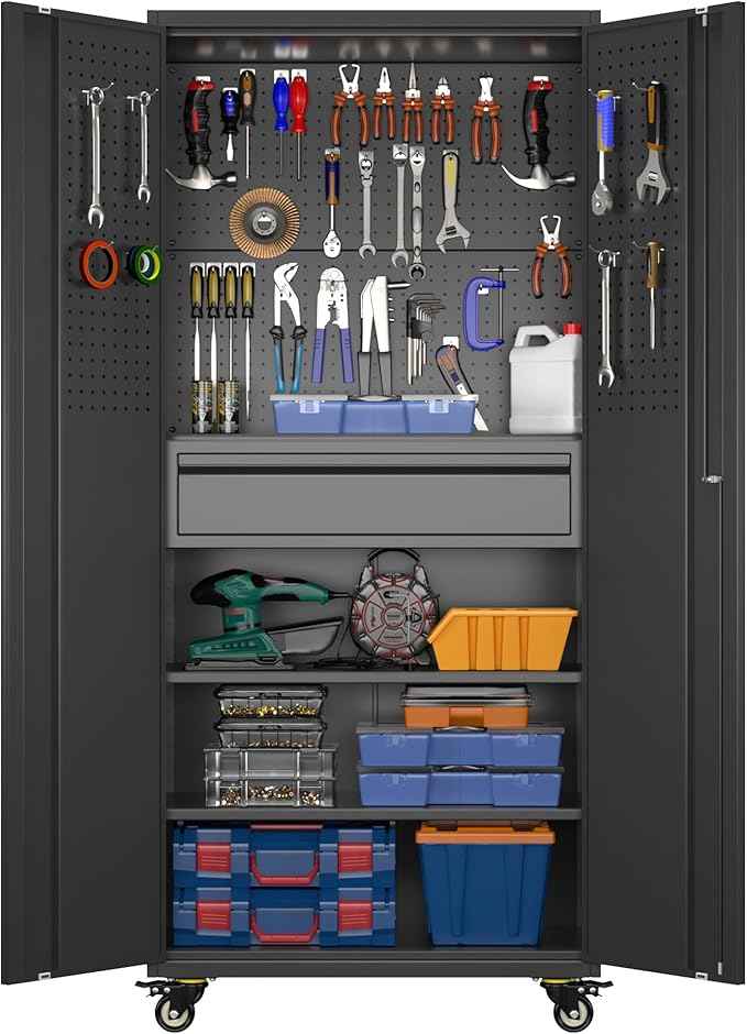 Aobabo Garage Storage Cabinet with Wheels, Metal Tool Storage Cabinet with 1 Drawer for Home,Assembly Required,Black