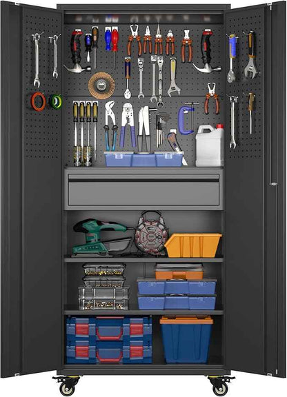 Aobabo Garage Storage Cabinet with Wheels, Metal Tool Storage Cabinet with 1 Drawer for Home,Assembly Required,Black
