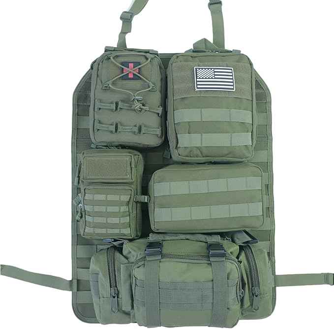 Universal Tactical Car Seat Back Organizer Bag Tactical Molle Vehicle Organizers Panel Vehicle Protector Organizers with 5 Detachable Pouches for Car Truck Ford Jeep (Model A-Army green)