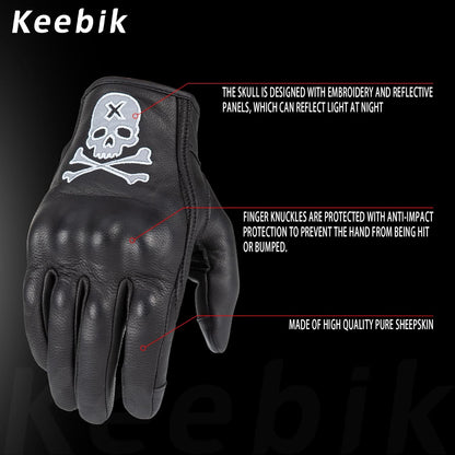 Goatskin Leather Motorcycle Motorbike Powersports Racing Gloves Reflective Skull Touchscreen for Men and Women Model