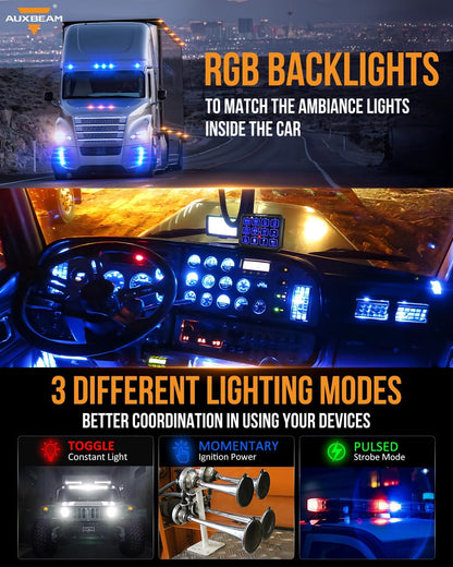 Auxbeam 12 Gang Switch Panel RB120 Toggle Momentary Pulsed RGB Dimmable Switch Panel Multifunction Two Sided Output Marine Control Panel IP65 Waterproof for Car Boat RV, 2 Years Warranty