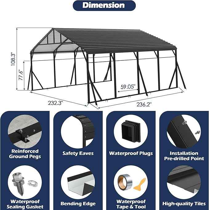 Xilingol Metal Carport, Heavy Duty Carport Canopy with Galvanized Steel Frame and Roof, Outdoor Storage Shed, Car Tent Garage Shelter for Pickup, Truck, Boat and Tractor (20x20 FT Black)