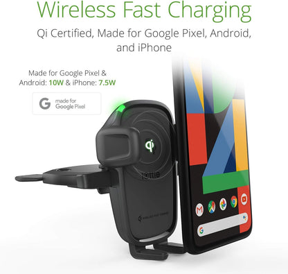 iOttie Car Charger Easy One Touch Wireless 2 Qi Charging CD Slot + Air Vent Combo Phone Mount for iPhone, Samsung Galaxy, Huawei, LG, Smartphones, Black