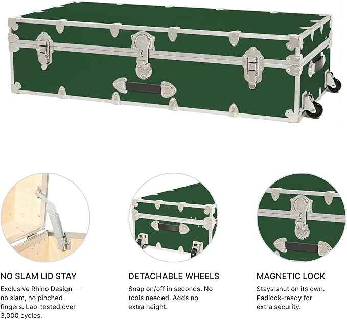 Rhino Trunk & Case Trundle Home Storage & College Trunk With Wheels - 44”x20”x12” - 1500+ lbs Capacity. USA Made Secure Under-Dorm Bed Footlocker for Clothes and Food, and Underbed Shoe Storage Box