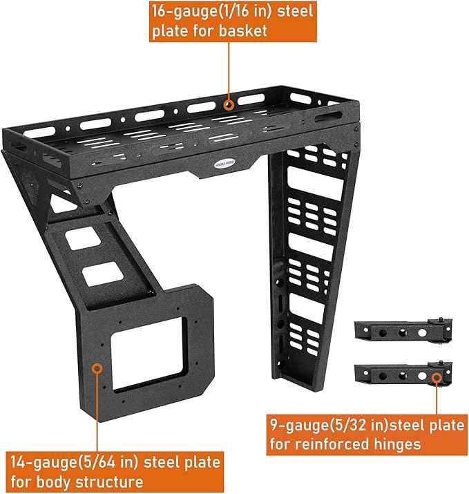 Hooke Road JK Spare Tire Cargo Basket Rack for 2007-2018 Jeep Wrangler JK & Unlimited 2/4 Doors, Rear Steel Storage Tray Luggage Carrier with Reinforced Tailgate Hinge Kit
