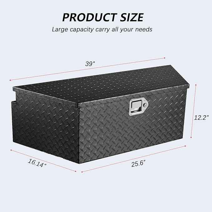 39 Inch Aluminum Trailer Tongue Tool Box, Heavy Duty Utility Storage Box with Lock and Keys, Diamond Plate Waterproof Trailer Box Organizer for Pick Up Truck Beds - Black