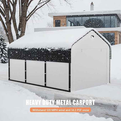 Carports 10x16 Heavy Duty Metal for Snow, Fully Enclosed Carport with Removable Sidewalls and Drive Through Doors