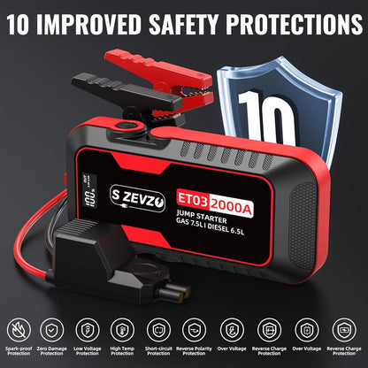 S ZEVZO ET03 Car Jump Starter 2000A Jump Starter Battery Pack for Up to 7.5L Gas and 6.5L Diesel Engines, 59.2Wh Portable 12V Jump Box with USB Ports, LCD Display, Storage Case, and LED Light