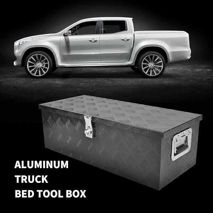30 Inch Black Aluminum Tool Box 5 Bar Tread Chest Box Flatbox for Truck Car Outdoor Trailer Pickup Underbody RV ATV Storage Bed ToolBox w/Lock Side and Keys(30"X13"X10"),Black-30 Inch