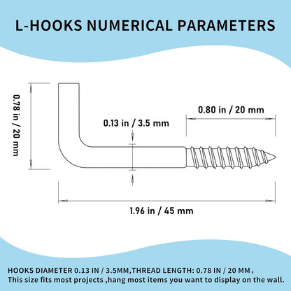 304 Stainless Steel 2 in Screw-in Hooks 20 Pcs,7 Shape Screw Hooks,Right Angle Medal Hooks l Shaped Screw in Hooks for Hanging