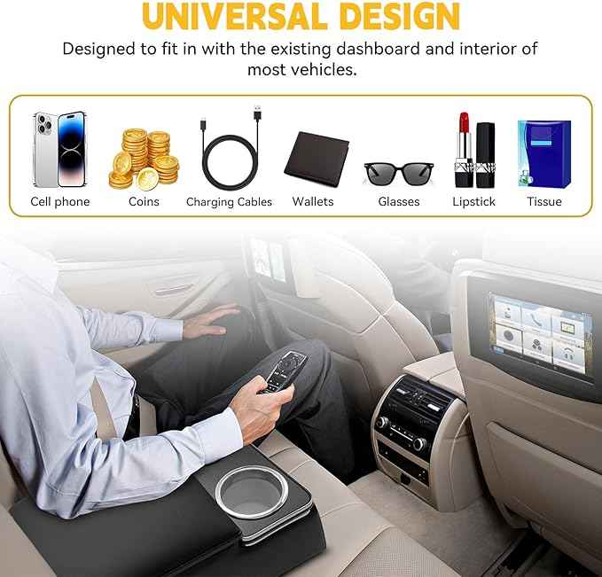 Universal Truck Seat Organizer, Black Storage Box with 2 Cup Holders, Armrest & Padded Lid for Car Organization - Fits SUV & Pickup