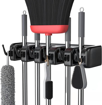 LETMY Broom Holder Wall Mount - Mop and Broom Hanger Holder - Garage Storage Rack & Garden Tool Organizer - 5 Position 6 Hooks Broom Rack for Home, kitchen, Garden, Tools, Garage Organization - Black