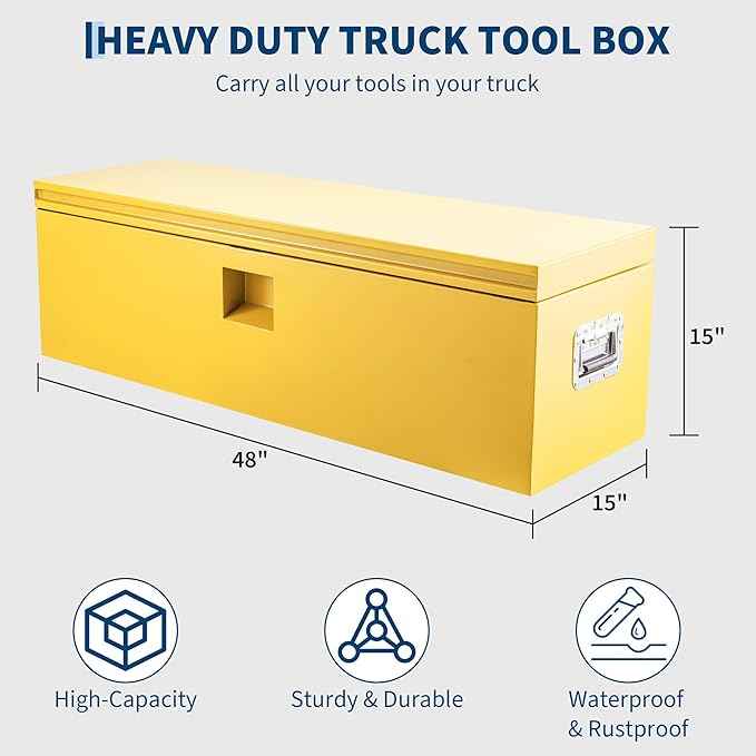 OUTLANE 15"X15"X48" Heavy Duty Steel Truck Bed Tool Box, Lockable Weatherproof Storage Organizer for Pickup, RV, Utility Trailer, Trailer Tongue & Jobsite, Powder-Coated Chest - Yellow