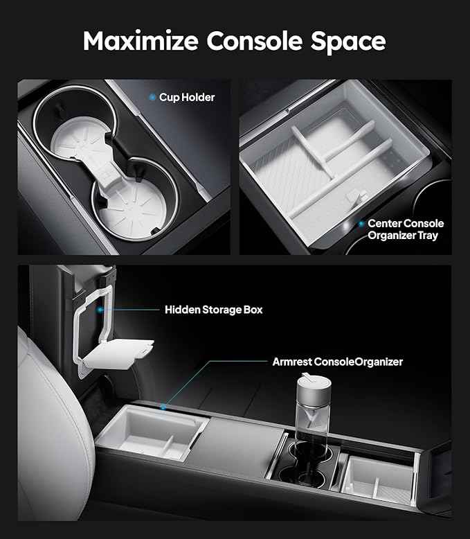 Wigoo Center Console Organizer for Tesla Model Y Juniper (Only Premium & Performance 2025 2026) and All Model 3 Highland Accessories [Double-Layer Storage, Smooth Sliding] 4PCS White