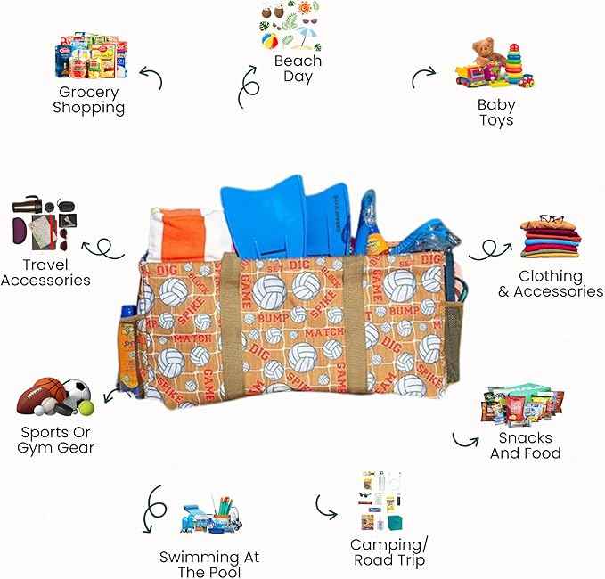 Extra Large Utility Tote Bag - Oversized Collapsible Reusable Wire Frame Rectangular Canvas Basket With Two Exterior Pockets For Beach, Pool, Laundry, Car Trunk, Storage - Volleyball