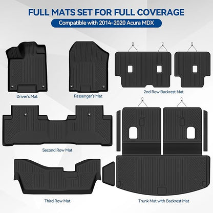 Custom Fit Floor Mats for 2014-2020 Acura MDX, All Weather TPE Floor Liners with Trunk Mat & Backrest Protectors, Odorless Full Set Interior Accessories
