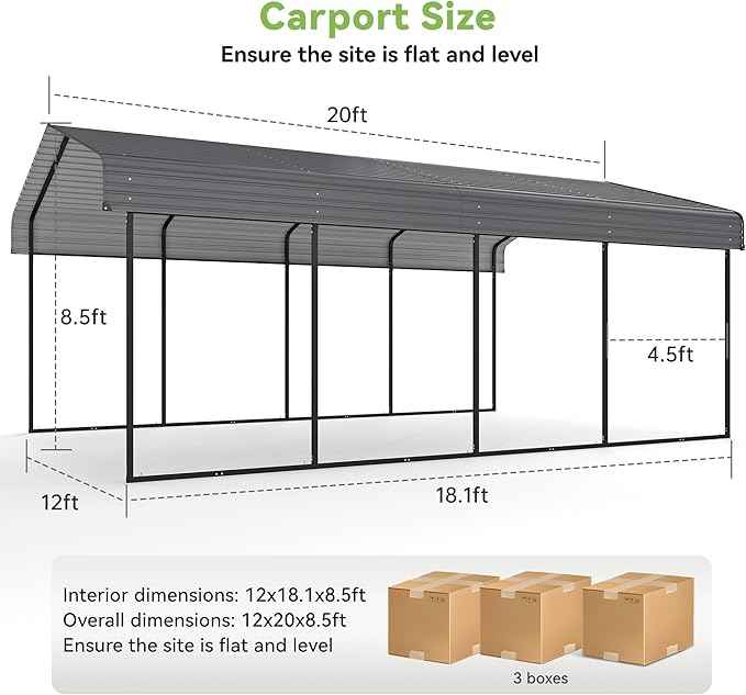 12x20FT Metal Carport,Heavy Duty Carport with Reinforced Frame and Galvanized Steel Roof, Large Outdoor Garage Shelter Shade Car Port for Pickup Trucks, Boats, Cars & Tractors, Farm Tools, Party,Gray