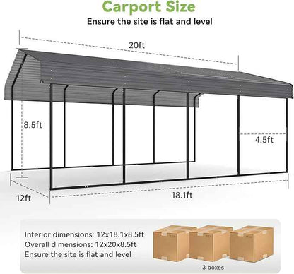 12x20FT Metal Carport,Heavy Duty Carport with Reinforced Frame and Galvanized Steel Roof, Large Outdoor Garage Shelter Shade Car Port for Pickup Trucks, Boats, Cars & Tractors, Farm Tools, Party,Gray
