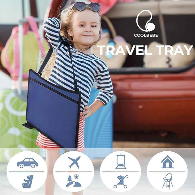COOLBEBE Kids Travel Tray for Toddler Car Seat, Travel Tray for Airplane, Toddler Car Seat Lap Tray, Carseat Table Tray for Kids Travel Activities (Navy Blue)