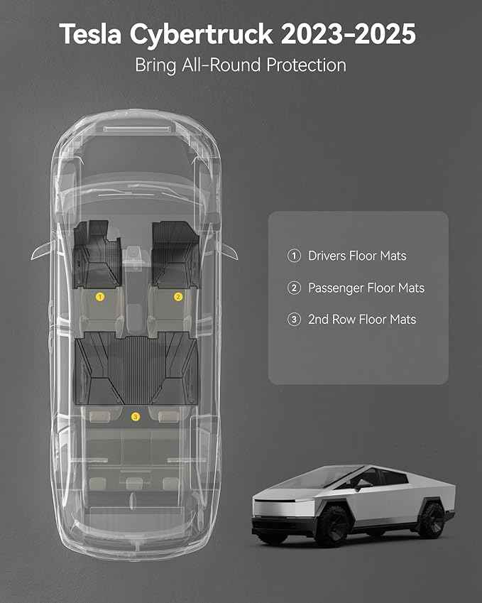 3W Floor Mats for Tesla Cybertruck 2023 2024 2025 2026, TPE All Weather Protection Waterproof Custom Fit Floor Liner for 1st, 2nd Row for Cybertruck, Black
