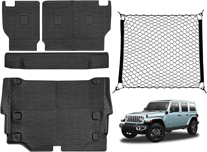Cargo Mats with Net for 2021-2025 Jeep Wrangler JL Unlimited 4XE Accessories All Weather Protection Rear Seat Back Cover Trunk Liner Cargo Net for 21-25 JL JLU 4XE 4 Door(Not for 4X4)