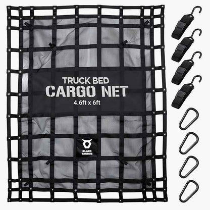 Heavy Duty Mesh Cargo Net – Stretchable Mesh Cargo Net for Trailer, Roof Rack, Pickup Truck, and ATV - Truck Bed Netting for Secure Load with 4 Adjustable Straps - 4.75 ft x 6 ft