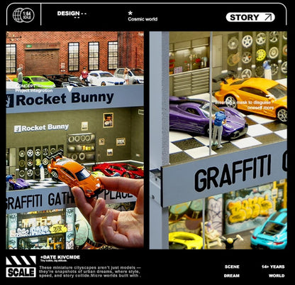 Display Case for Hot Wheels: Stackable Parking Garage for 1/64 Scale Matchbox Toy Car, FoamBoard Storage for Monster Trucks with LED Light and Acrylic Cover, 2025 Upgraded Graffiti Wall
