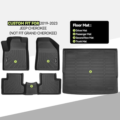 Tongama-Floor Mats for 2019-2023 Jeep Cherokee(NOT FIT Grand Cherokee), All Weather TPE Floor Liners and Trunk Mat Protectors for Jeep Cherokee Interior Waterproof Accessories