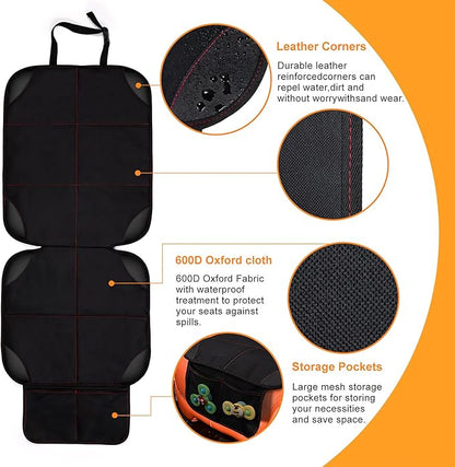 SMART ELF Car Seat Protector, Large Auto Protector for Child Seats with Thickest Padding and Non-Slip Backing Mesh Pockets for SUV, Sedan, Truck, Leather and Fabric - Black