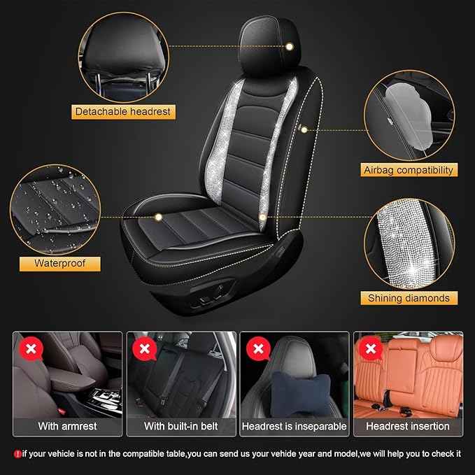 Diamond Car Seat Cover Full Set Fit for Hyundai Venue 2020-2025 2026 Bling Women Auto Interior Covers Black Vehicle Seat Protector