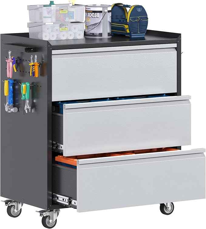 Aobabo Garage Storage Cabinet with 3 Drawers and 4 Hooks,Metal Storage Cabinet with Wheels for Garage Home,Required Assembly,Black&Silver,18.11" D x 30.3" W x 35.4" H