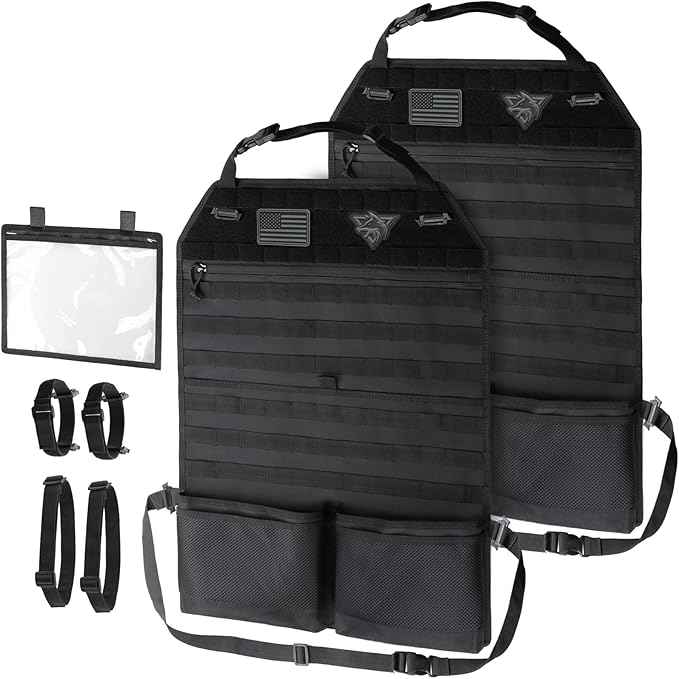 WYNEX Car Seat Organizer, Molle Backseat Cover Organizer Protector with Sling Rack, Visual Pocket and Patch, Universal Vehicle Fits for F150, Jeeps, Pickups & Trucks for Road Trips (2-Packs)