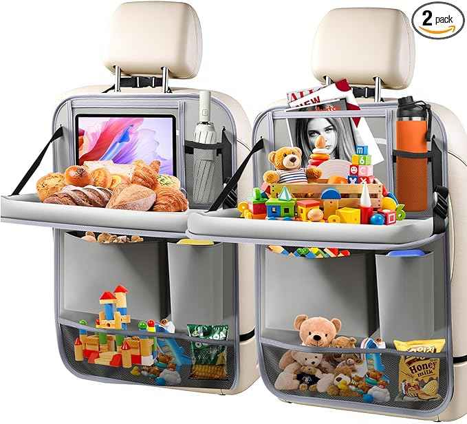 2Pack Car Backseat Organizer with Foldable Table Tray,6 Storage Pockets Car Storage Organizer with Tablet Holder,Car Seat Back Protectors Kick Mats Travel Accessories (Grey)