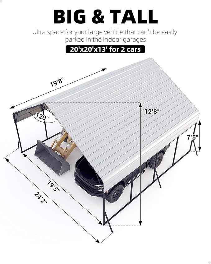 Garveelife 20 ft x20 ft x13 ft Metal Carport for 2 Cars, Heavy Duty Steel Frame for All Weather, Permanent Shelter for Boats, Full-Sized Pickup Trucks, and Tractors, N.W. 800 LBS