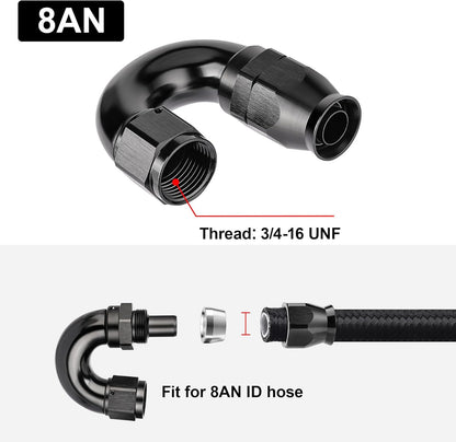 EVIL ENERGY 8AN 180 Degree PTFE One Piece Full Flow End Hose Fitting Aluminum Black