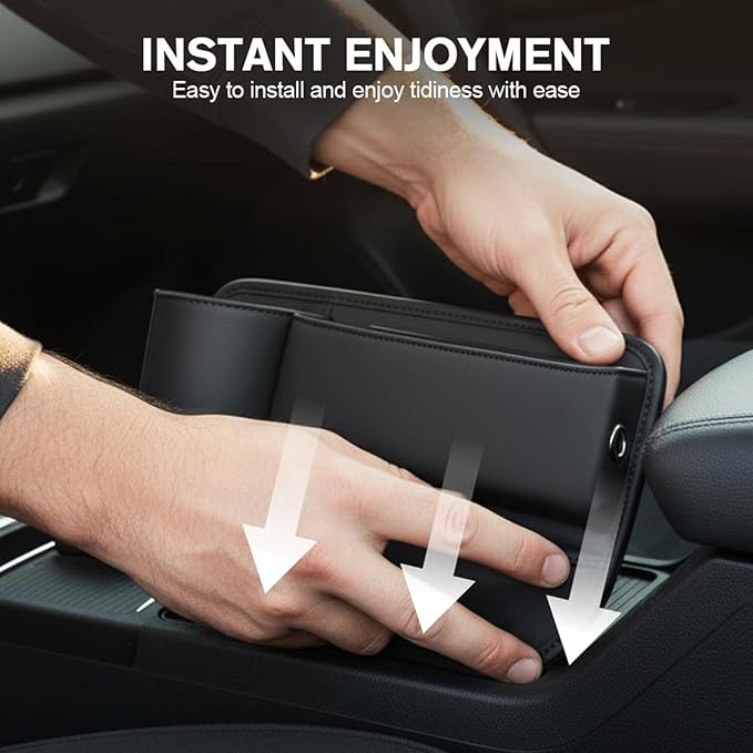 2 Pack Leather Car Seat Gap Filler Organizer for Tesla Model Y 2020-2026, with Cup Holder Universal Adjustable Storage Box Auto Interior Accessories Driver Passenger Seat,Black