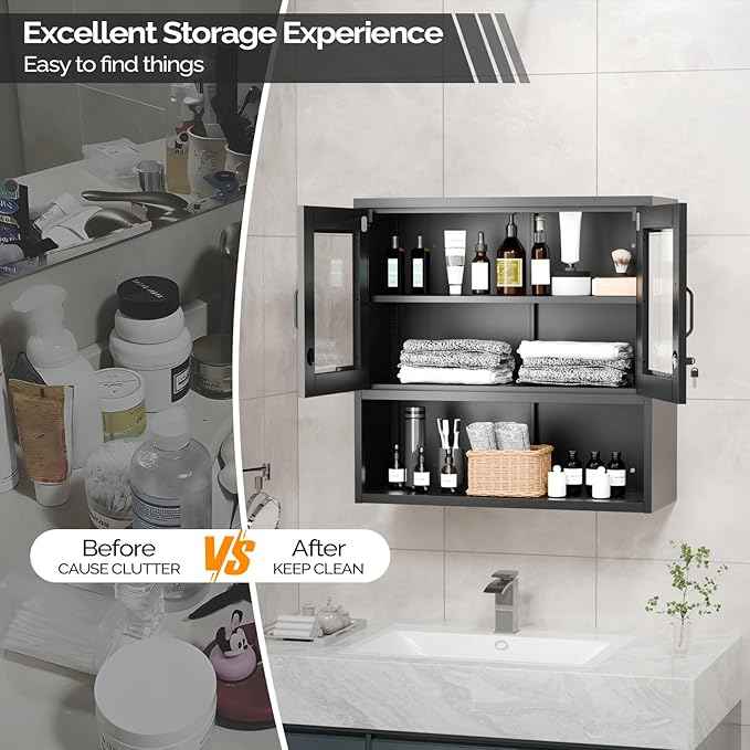 VINGLI Metal Wall Cabinet with Locking Glass Doors, Adjustable Shelf, Wall Mounted Storage Display Cabinets for Garage, Kitchen, Home Office, Warehouse, Living Room, Black