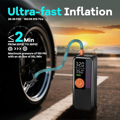Portable Tire Inflator Air Compressor, 150 PSI Cordless Air Pump, 6000mAh Battery & 12V Car Outlet, Digital Pressure Gauge, Auto Shut-Off, Fast 24L/Min, LED Light, 4 Preset Modes for Car, Bike, Balls