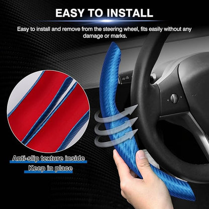 Steering Wheel Cover for Telsa Model 3/Model Y Accessories Carbon Fiber Steering Wheel Cover Protector Anti-Slip, Comfortable Grip, Breathable, Model 3/Y Accessories, Blue